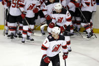 New Jersey Devils defenseman Dougie Hamilton (7) celebrates scoring the game winning goal against the New York Rangers in overtime of Game 3 of the team's NHL hockey Stanley Cup first-round playoff series Saturday, April 22, 2023, in New York. The Devils won 2-1. (AP Photo/Adam Hunger)