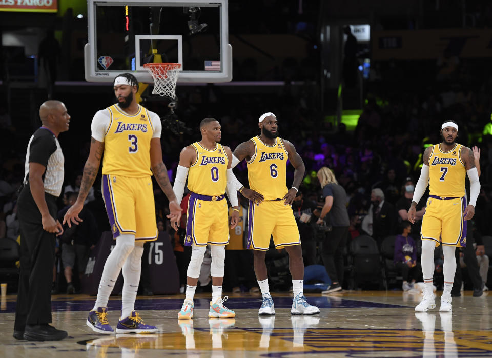 (From left) Anthony Davis, Russell Westbrook, LeBron James, and Carmelo Anthony of the Los Angeles Lakers during a preseason basketball game against the Golden State Warriors.