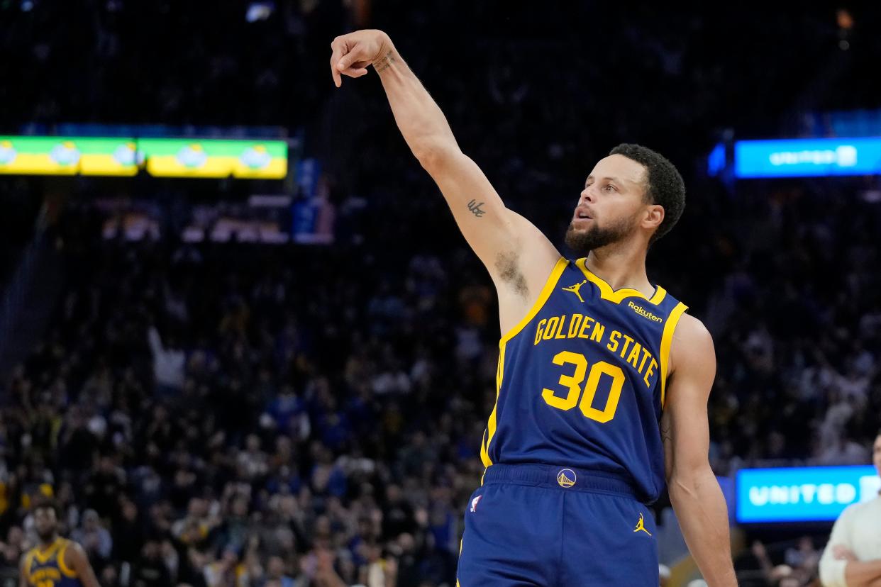 Warriors guard Stephen Curry is NBA's all-time three-point shooter.