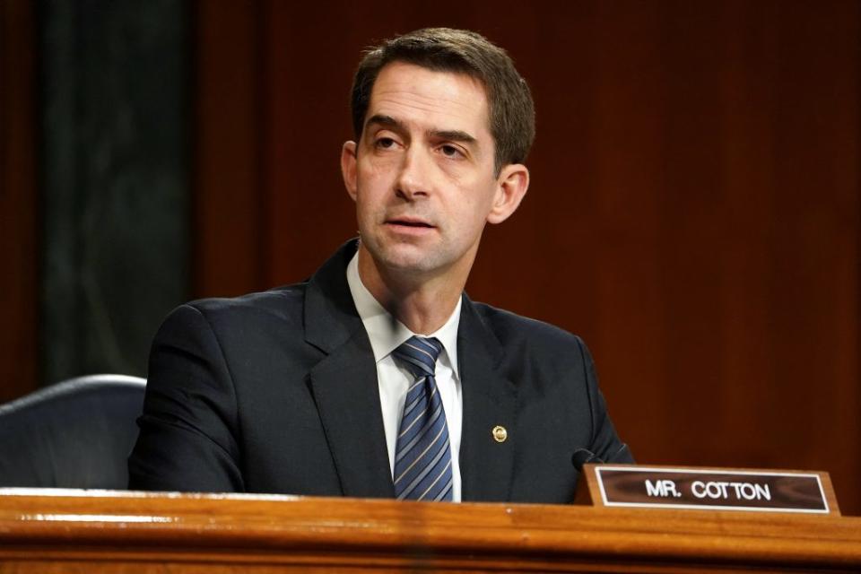 Sen. Tom Cotton (R-AR) questions President-elect Joe Biden’s nominee for Secretary of Defense, retired Army Gen. Lloyd Austin at his confirmation hearing before the Senate Armed Services Committee at the U.S. Capitol on January 19, 2021 in Washington, DC. (Photo by Greg Nash-Pool/Getty Images)