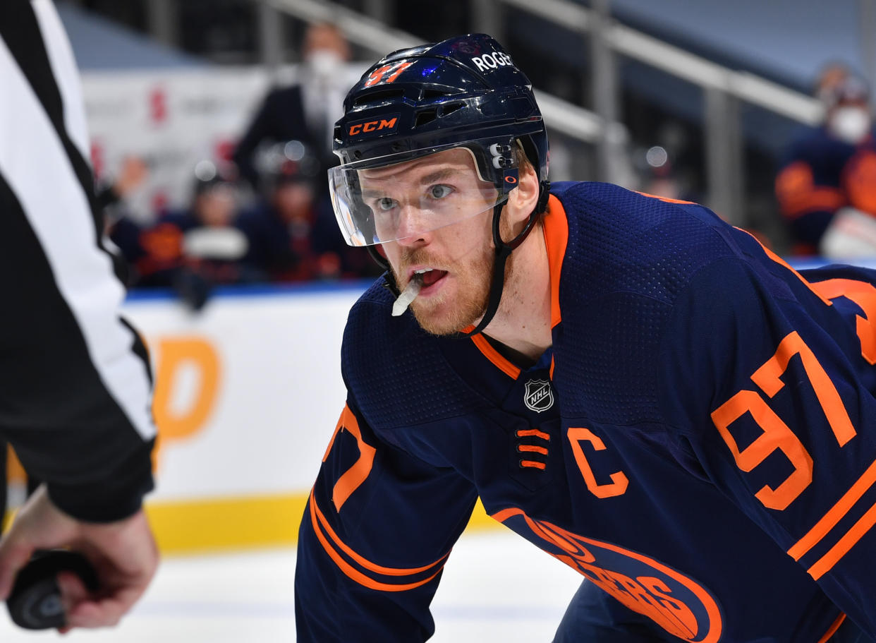 EDMONTON, AB - MAY 8:  Connor McDavid #97 of the Edmonton Oilers lines up for a face off during the game against the Vancouver Canucks on May 8, 2021 at Rogers Place in Edmonton, Alberta, Canada. (Photo by Andy Devlin/NHLI via Getty Images)