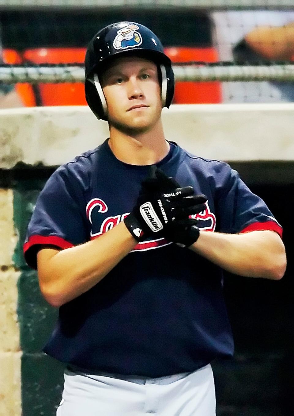 P.J. Hiser gets ready in the on-deck circle for the Lake County Captains during a game against the Hagerstown Suns at Municipal Stadium in 2006.