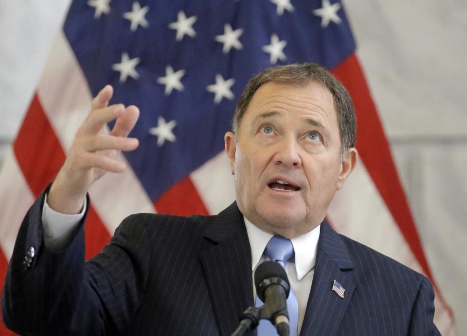 Utah Gov. Gary Herbert speaks during a news conference with the Council for a Strong America at the Utah State Capitol, Tuesday, Feb. 21, 2017, in Salt Lake City. The Outdoor Retailer show announced, Feb. 16, 2017, it would be leaving Utah after two decades. The decision came hours after a conference with outdoor industry leaders in which Gov. Herbert refused to stand down from his call for President Donald Trump to rescind the new Bears Ears National Monument. (AP Photo/Rick Bowmer)