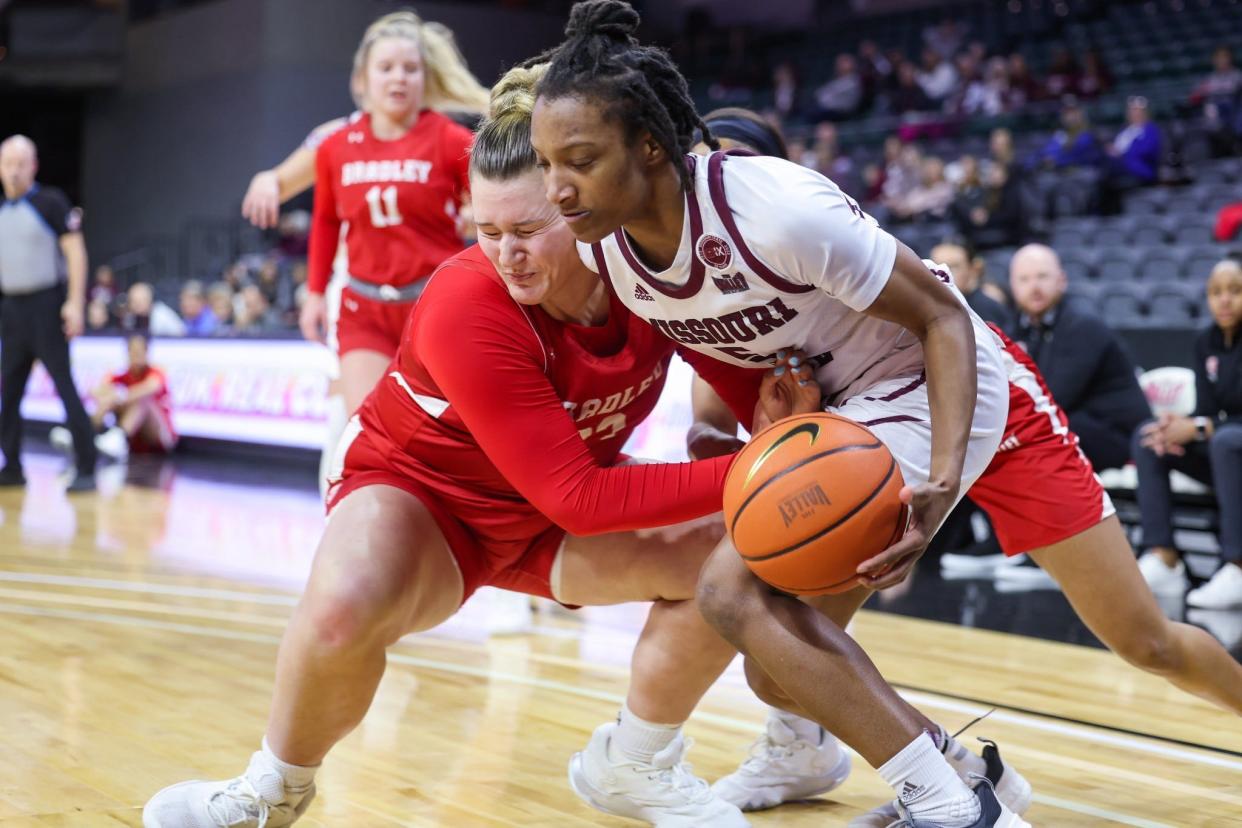 Missouri State Lady Bears guard Aniya Thomas as the Lady Bears take on the Bradley Braves in the first round of the Women's Missouri Valley Conference in Moline, Ill on Thursday, March 9, 2023.