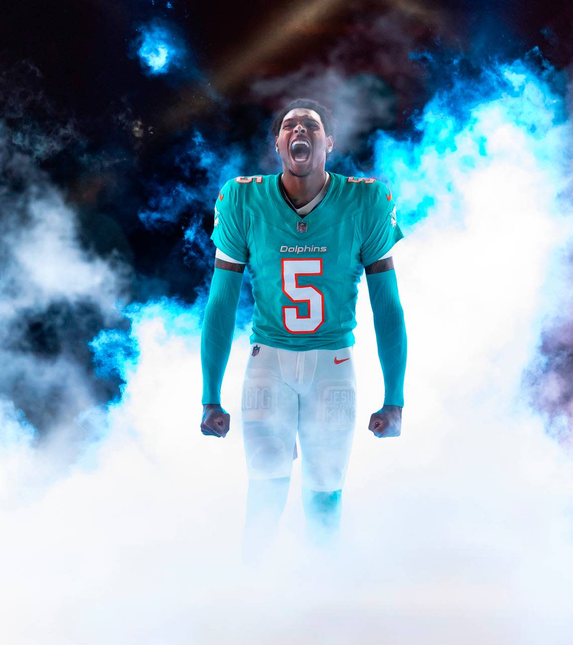 Miami Dolphins cornerback Jalen Ramsey (5) charges onto the field before the start of his NFL game against the Tennessee Titans at Hard Rock Stadium on Monday, Dec. 11, 2023, in Miami Gardens, Fla.