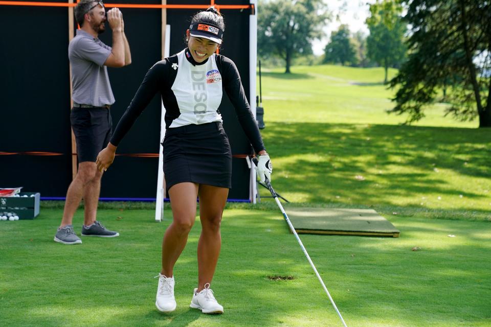 LPGA golfer Bianca Pagdanganan smiles during a skills challenge on Tuesday, Sept. 6, 2022, at Kenwood Country Club ahead of the 2022 Kroger Queen City Championship.