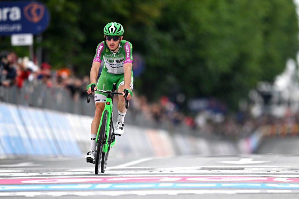 RIVOLI ITALY  MAY 18 Alessandro Tonelli of Italy and Team Green ProjectBardiani CSFFaizan crosses the finish line during the 106th Giro dItalia 2023 Stage 12 a 185km stage from Bra to Rivoli  UCIWT  on May 18 2023 in Rivoli Italy Photo by Stuart FranklinGetty Images