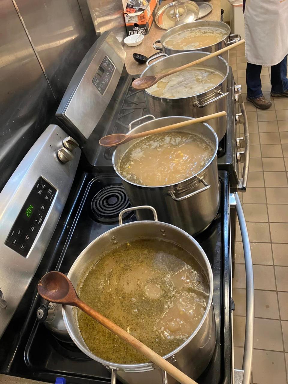 Soup is cooking on the stove for the free monthly meal at Oak Ridge Unitarian Universalist Church.