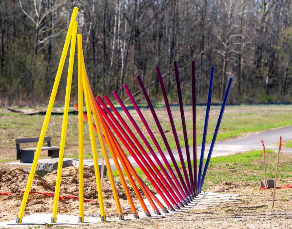 Public art installation "FLEET/ing" by Jonathan Racek at the soon-to-be Rogers Family Park on Tuesday, April 11, 2023.