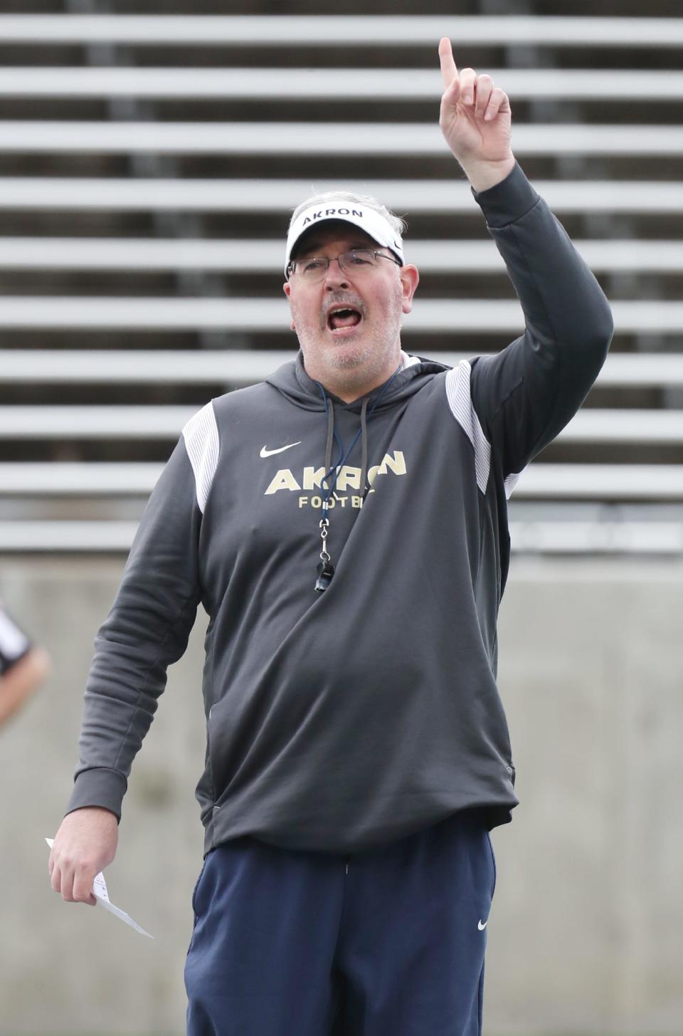 Akron head football coach Joe Moorhead calls out to his players during the 2023 spring game.