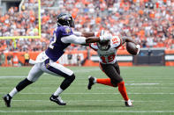 <p>Corey Coleman #19 of the Cleveland Browns breaks a tackle on his way to an 11-yard touchdown reception against Jimmy Smith #22 of the Baltimore Ravens in the first quarter at Cleveland Browns Stadium on September 18, 2016 in Cleveland, Ohio. (Photo by Joe Robbins/Getty Images) </p>