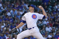 Chicago Cubs starting pitcher Drew Smyly delivers during the first inning of a baseball game against the St. Louis Cardinals Monday, Aug. 22, 2022, in Chicago. (AP Photo/Charles Rex Arbogast)