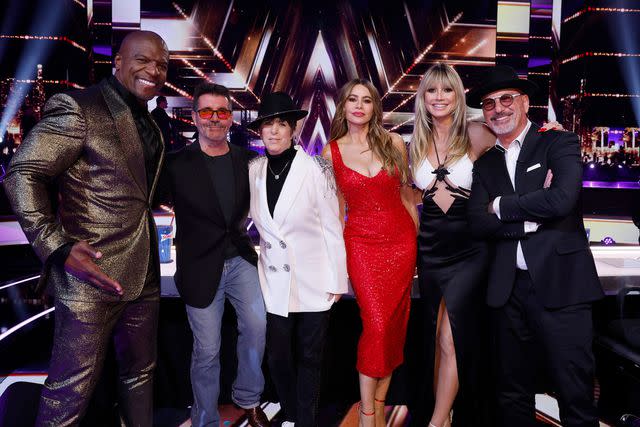 <p>Trae Patton/NBC</p> From left: 'AGT' host Terry Crews, judge Simon Cowell, Diane Warren, judge Sofía Vergara, judge Heidi Klum, and judge Howie Mandel