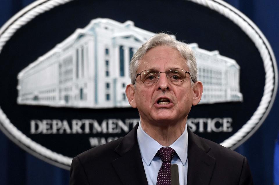 In this file photo taken Nov. 8, 2021, US Attorney General Merrick Garland speaks during a news conference over a ransomware cyberattack, at the Department of Justice, in Washington, D.C. - Garland announced Wednesday the launch of a task force to pursue "corrupt Russian oligarchs" and violators of sanctions imposed on Russia for its invasion of Ukraine.