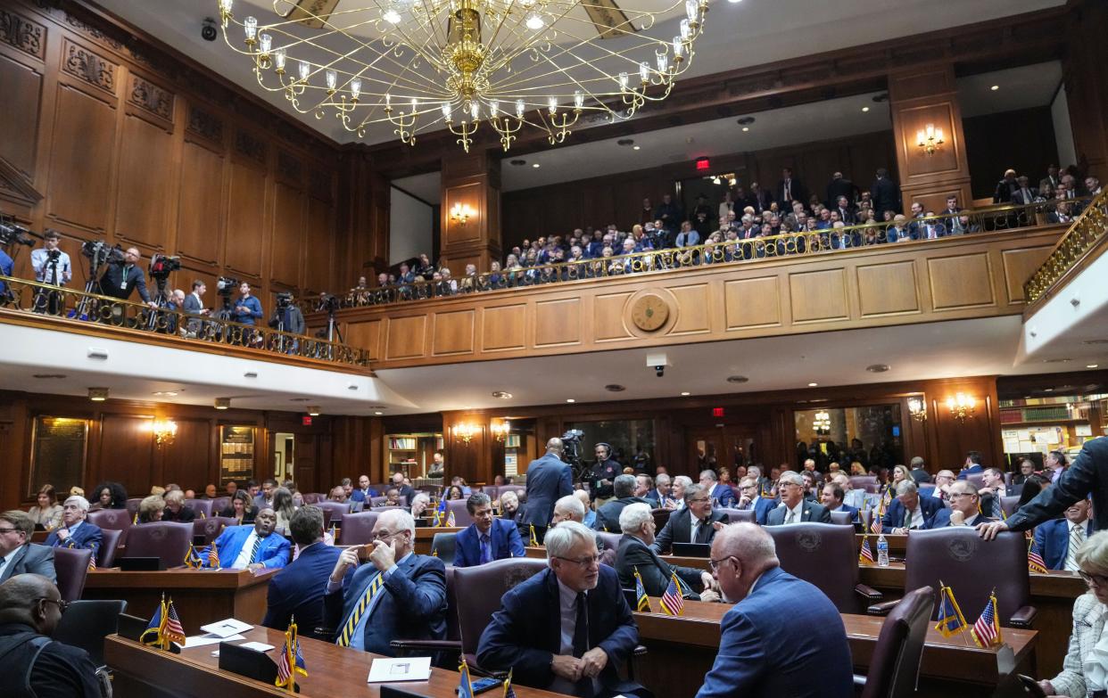 Lawmakers fill the House of Representatives chambers on Tuesday, Jan. 9, 2024, during the State of the State address at the Indiana Statehouse in Indianapolis.