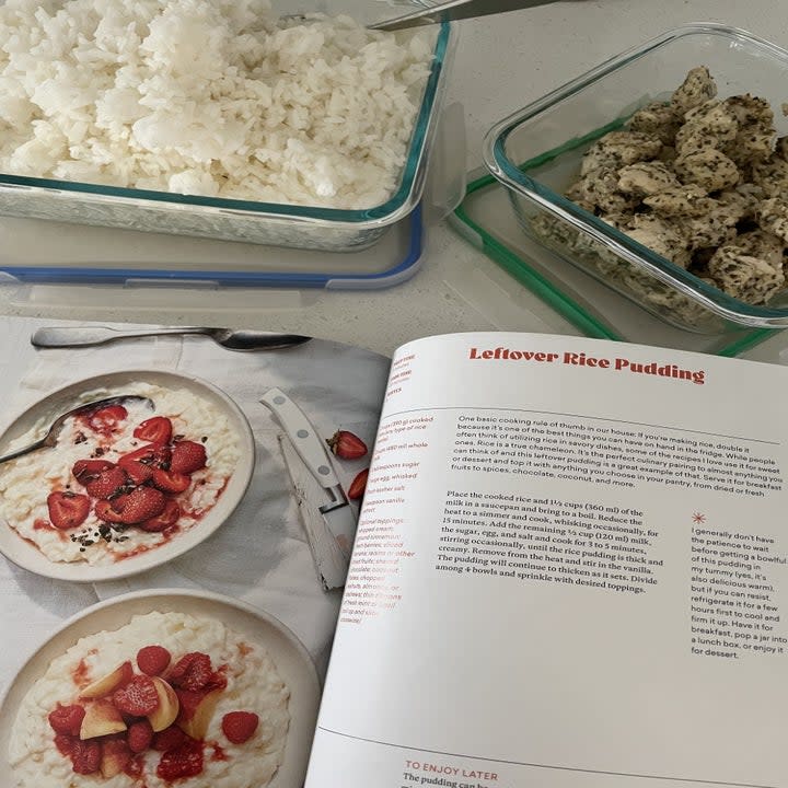 leftovers with cookbook on the counter