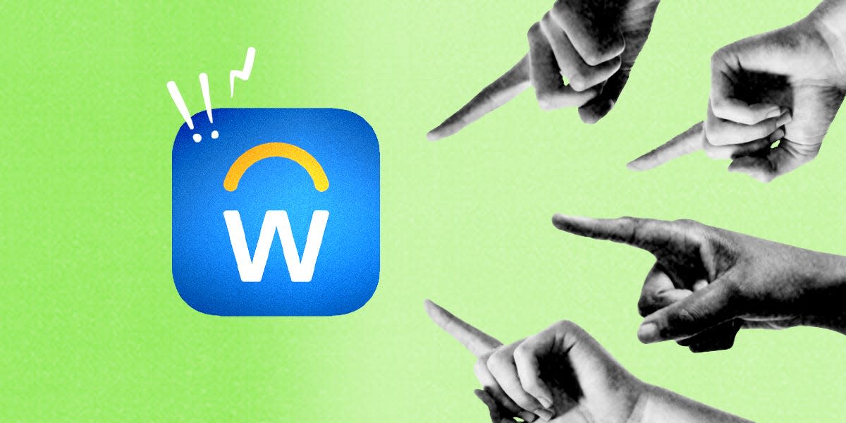 Hands aggressively pointing at a Workday App, with exclamation marks emanating from the app