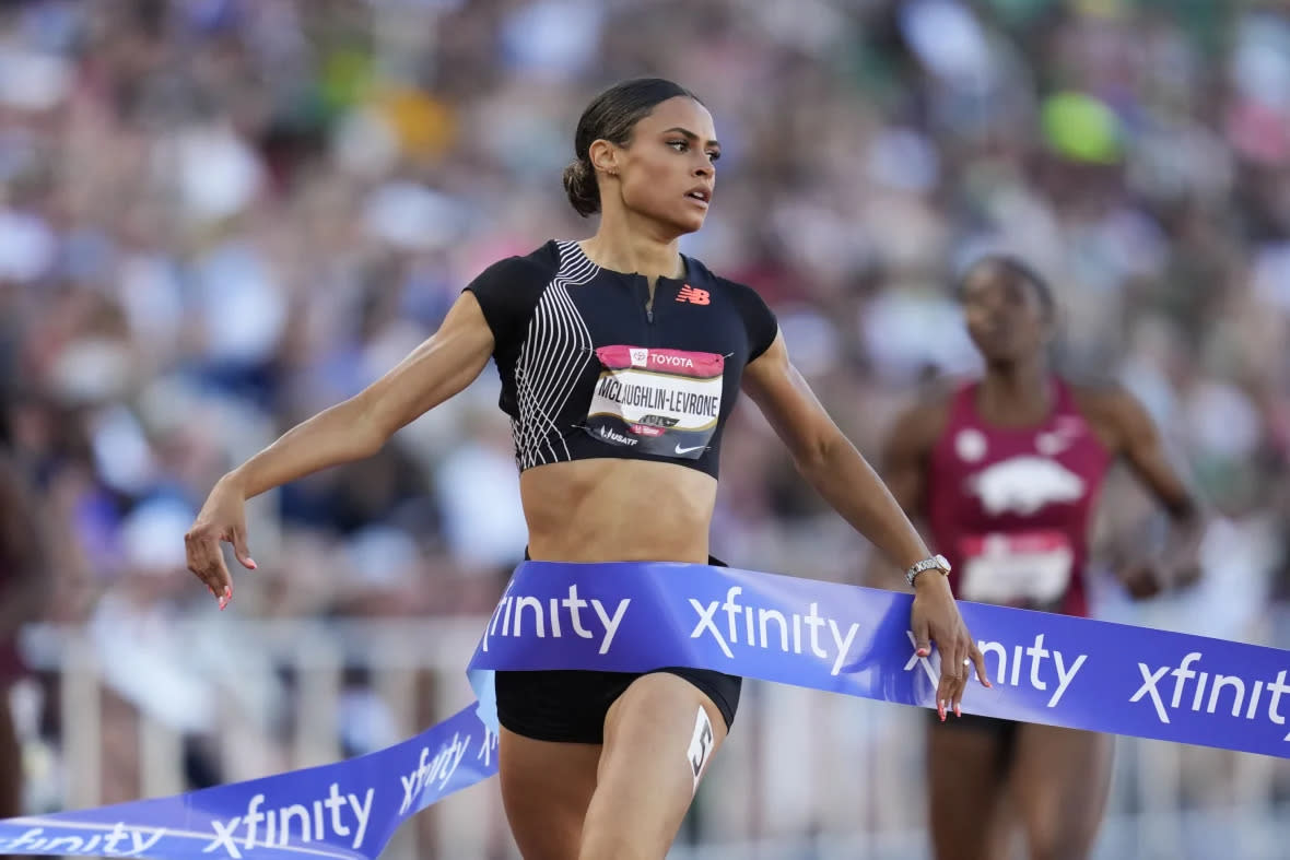 Sydney McLaughlin-Levrone crosses the finish line to win the women’s 400 meter final during the U.S. track and field championships in Eugene, Ore., Saturday, July 8, 2023. (AP Photo/Ashley Landis)