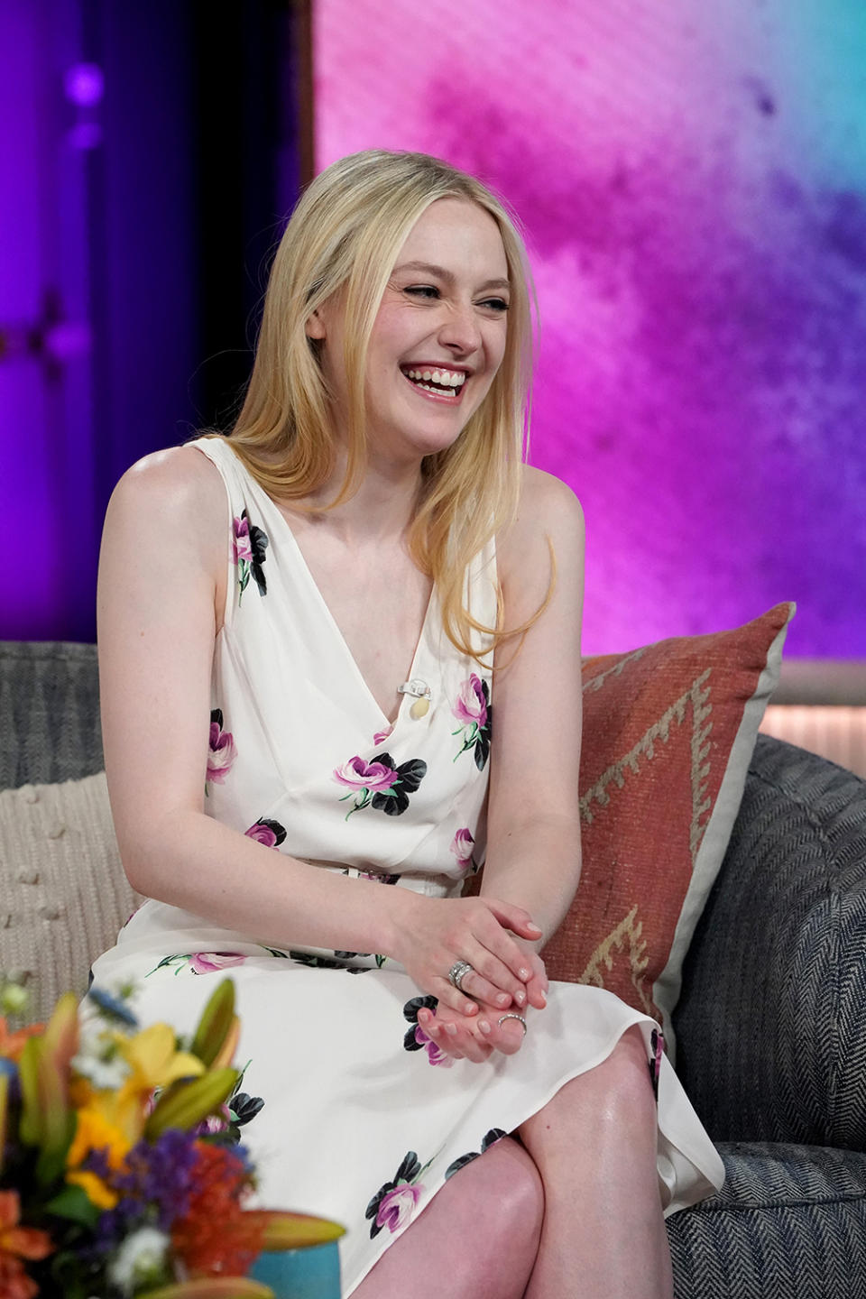 Dakota Fanning on "The Kelly Clarkson Show" on June 5, Prada, floral dress, Aquazzura, silver sandals