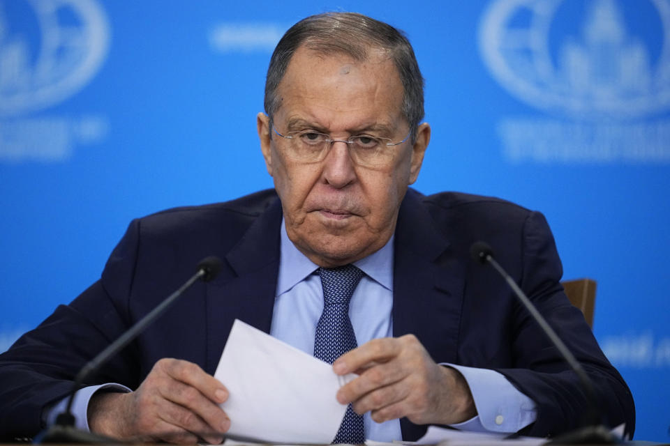 Russian Foreign Minister Sergey Lavrov attends his annual news conference in Moscow, Russia, Thursday, Jan. 18, 2024. (AP Photo/Alexander Zemlianichenko)