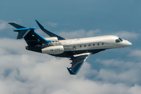 Embraer business jet plane, the New Praetor 600 Bossa Nova Edition, is seen in this image released by Embraer North America, in Fort Lauderdale, Florida, U.S., October 12, 2018. Courtesy Embraer/Handout via REUTERS