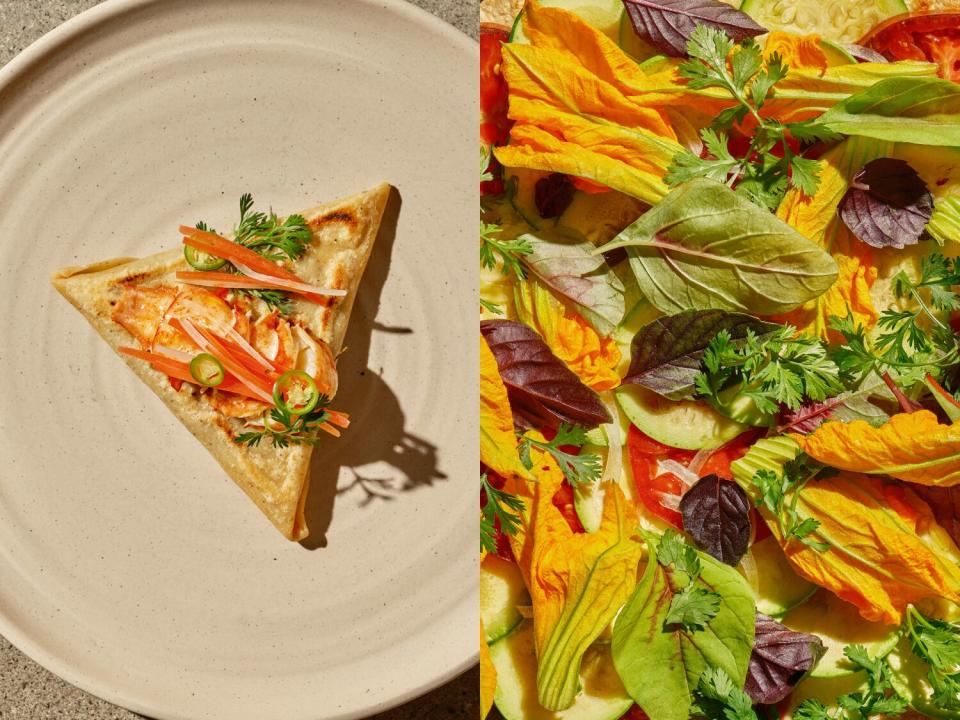 Paired images of a corn masa triangle and a squash-blossom-covered tortilla.