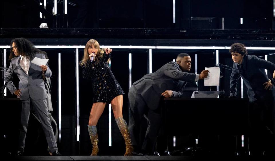 Taylor Swift performs The Man during her first sold-out concert of three nights at AT&T Stadium in Arlington on Friday, March 31, 2023.