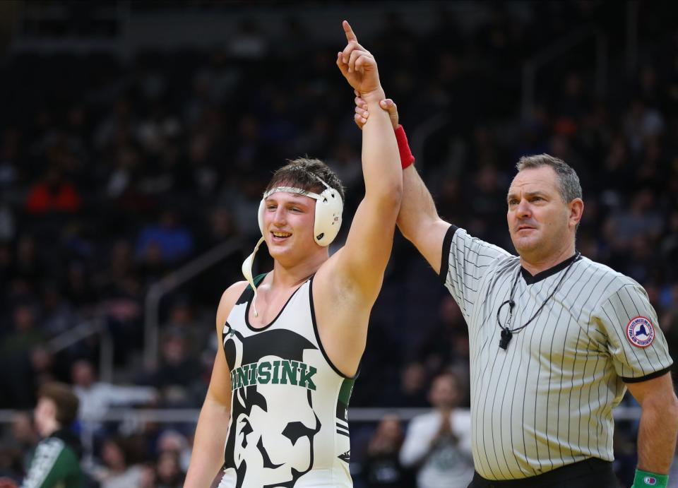 Minisink Valley's Ethan Gallo wrestles in the 215-pound championship match at the NYSPHSAA state wrestling championships at the MVP Arena in Albany on Saturday, February 26, 2022. 