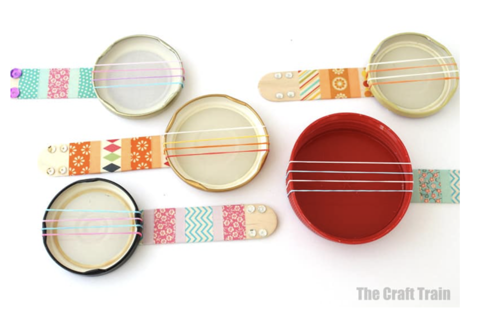 crafts for kids, banjos made from lids, loom bands and washi tape