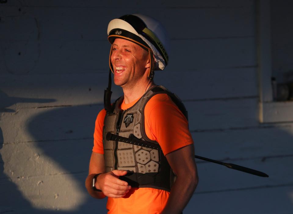 Jockey Ben Curtis at Trainer Whit Beckman's barn Wednesday morning, April 24, 2024, at Churchill Downs in Louisville, Ky. Curtis will ride Kentucky Derby contender Honor Marie for the Kentucky Derby race May 4, 2024.