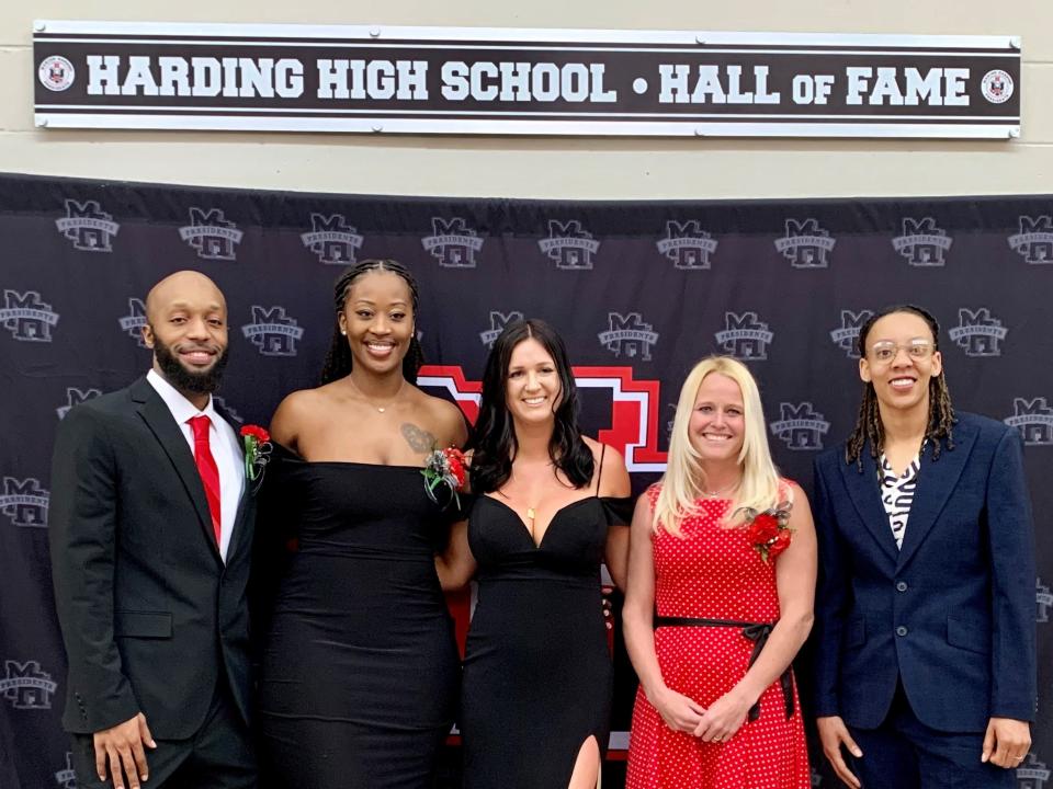 The 30th class of the Marion Harding Athletic Hall of Fame was inducted Friday night. Members are from left Shawn Dyer, Shawnta' Dyer, Sarah Woodrum (Pitzer), Heidi Clark (Bennett) and Brenae Harris.