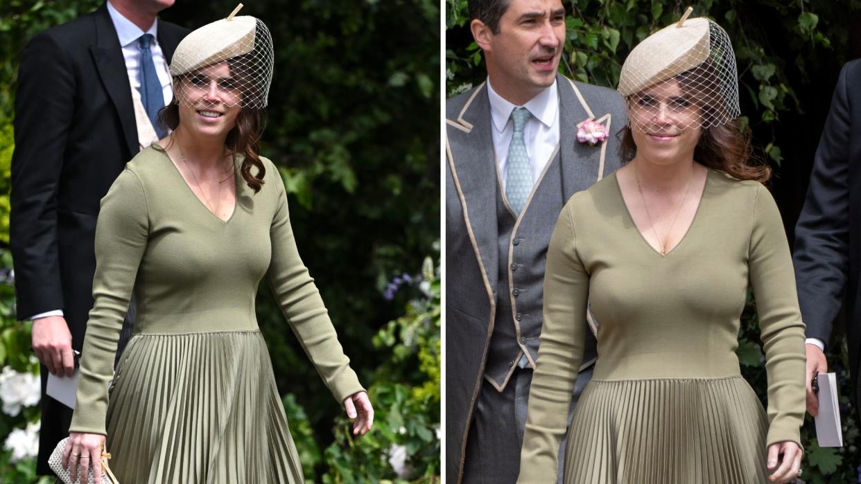  Composite of Princess Eugenie wearing an olive green midi dress to the wedding of the Duke and Duchess of Westminster . 