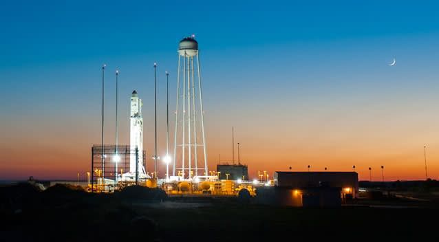 Antares rocket, with the Cygnus spacecraft onboard, is seen at sunset on launch Pad-0A, Saturday, Oct. 25, 2014. Photo: AP