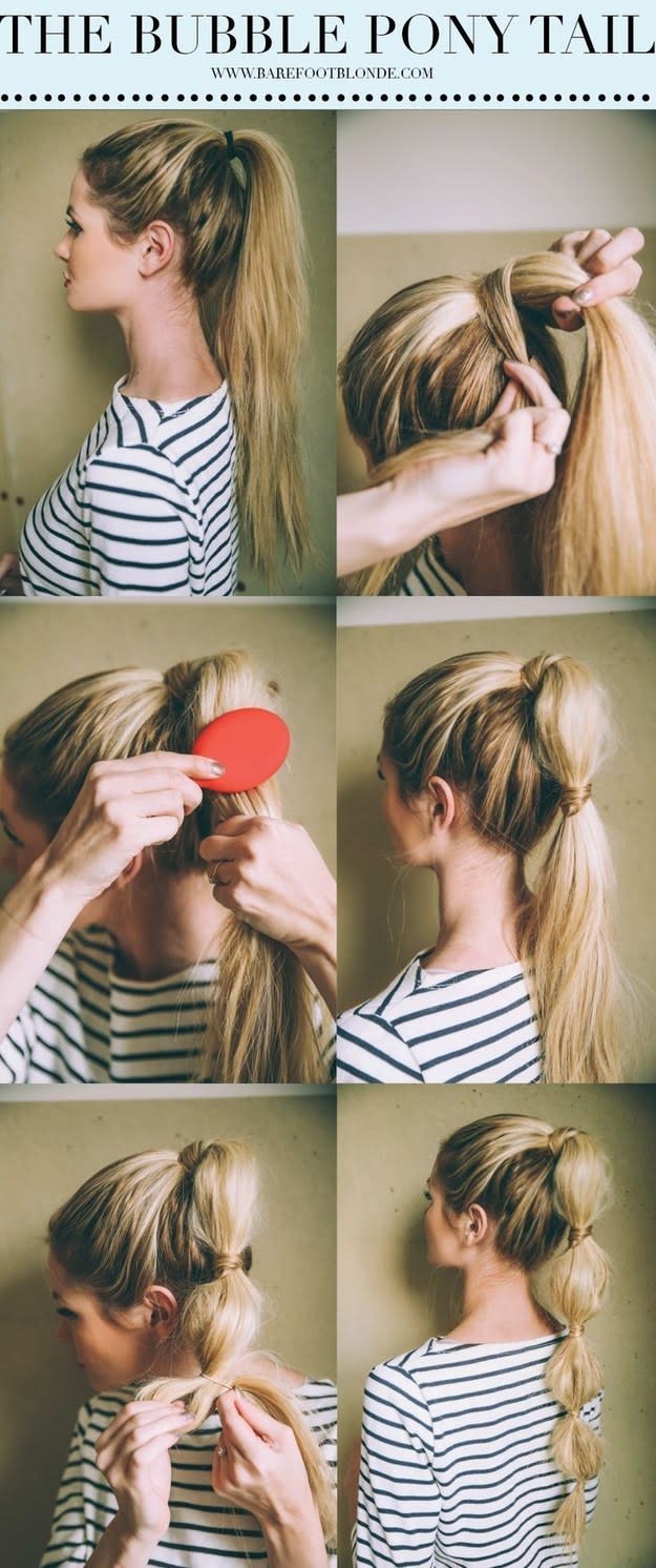 <p>Jazz up an everyday ponytail with this cute bubble ‘do.</p><p>Get the tutorial in full <a href="http://www.barefootblonde.com/2015/01/bubble-pony/" rel="nofollow noopener" target="_blank" data-ylk="slk:here.;elm:context_link;itc:0;sec:content-canvas" class="link ">here.</a></p>