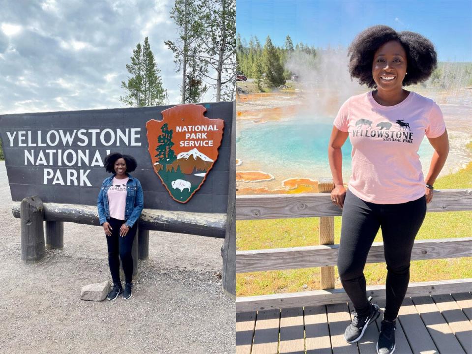 Ashley Nealy in front of yellowstone sign left, infront of old faithful right