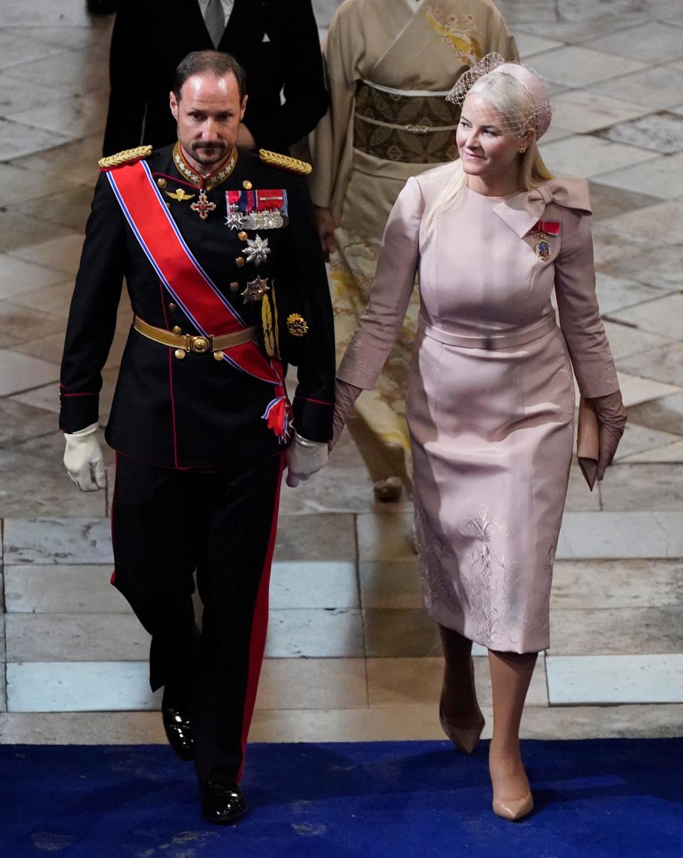 Crown Prince Haakon and Crown Princess Mette-Marit of Norway arrive for the coronation ceremony of King Charles III and Queen Camilla in Westminster Abbey, on May 6, 2023 in London, England.