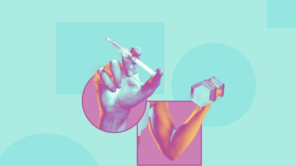 hand holding needle and athletic arm lifting dumbbells illustration