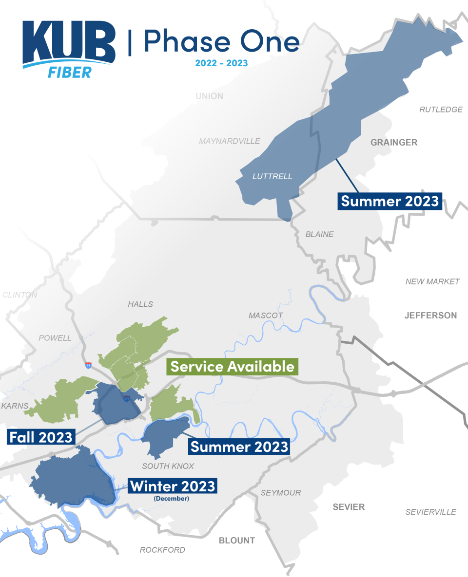 A map showing which areas will have access to KUB Fiber internet in phase one, which ends in December.