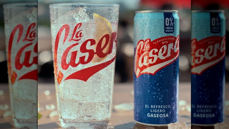La Casera can next to a glass of soda