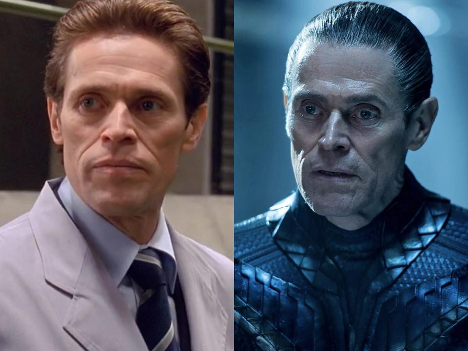 On the left: Willem Dafoe as Norman Osborn in "Spider-Man." On the right: Dafoe as Vulko in "Aquaman."