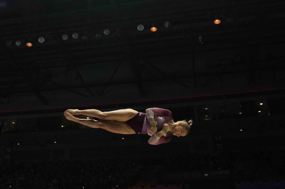 Jade Carey of the U.S. competes in the vault finals during the Artistic Gymnastics World Championships at M&S Bank Arena in Liverpool, England, Saturday, Nov. 5, 2022. (AP Photo/Thanassis Stavrakis)