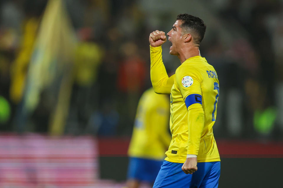 RIYADH, SAUDI ARABIA - FEBRUARY 25: Cristiano Ronaldo of Al Nassr celebrates after scoring the 1st goal during the Saudi Pro League match between Al-Shabab and Al-Nassr. (Photo by Yasser Bakhsh/Getty Images)