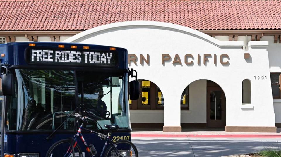 A bus leaves the Modesto Transit Center in Modesto, Calif., Thursday, June 15, 2023.