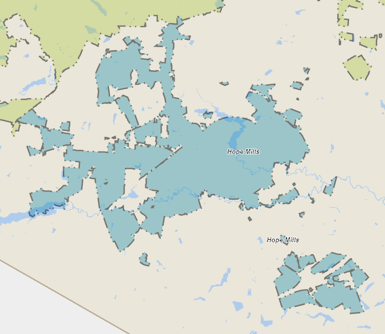 Hope Mills, North Carolina, as of July 31, 2023. To the center-right, some of the town’s original circular boundary from 1891 is still visible. The town grew via annexation.