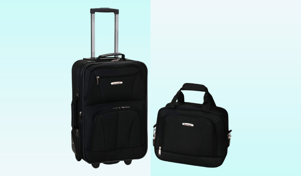 two piece luggage set in black, one with wheels and a handle and one smaller bag