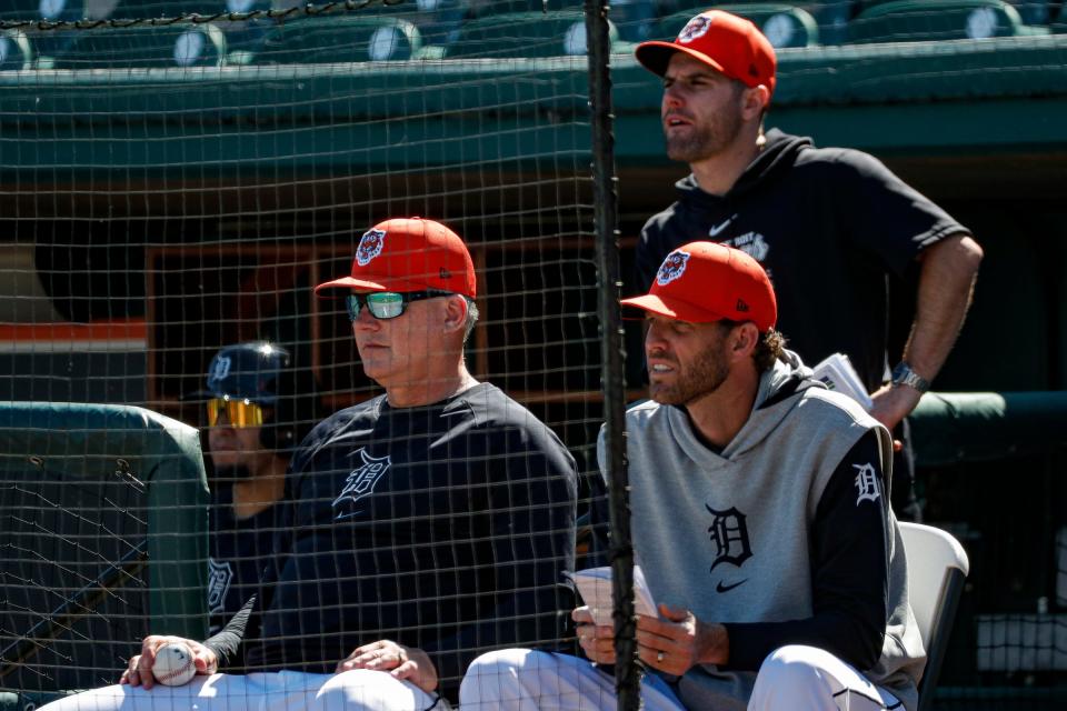 Detroit Tigers manager A.J. Hinch and pitching coach Chris Fetter watch live batting practice with hitting coach Michael Brdar during spring training at Joker Marchant Stadium in Lakeland, Florida, on Thursday, Feb. 22, 2024.