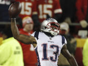 New England Patriots wide receiver Phillip Dorsett celebrates after making a touchdown reception during the first half of the AFC Championship NFL football game against the Kansas City Chiefs, Sunday, Jan. 20, 2019, in Kansas City, Mo. (AP Photo/Jeff Roberson)