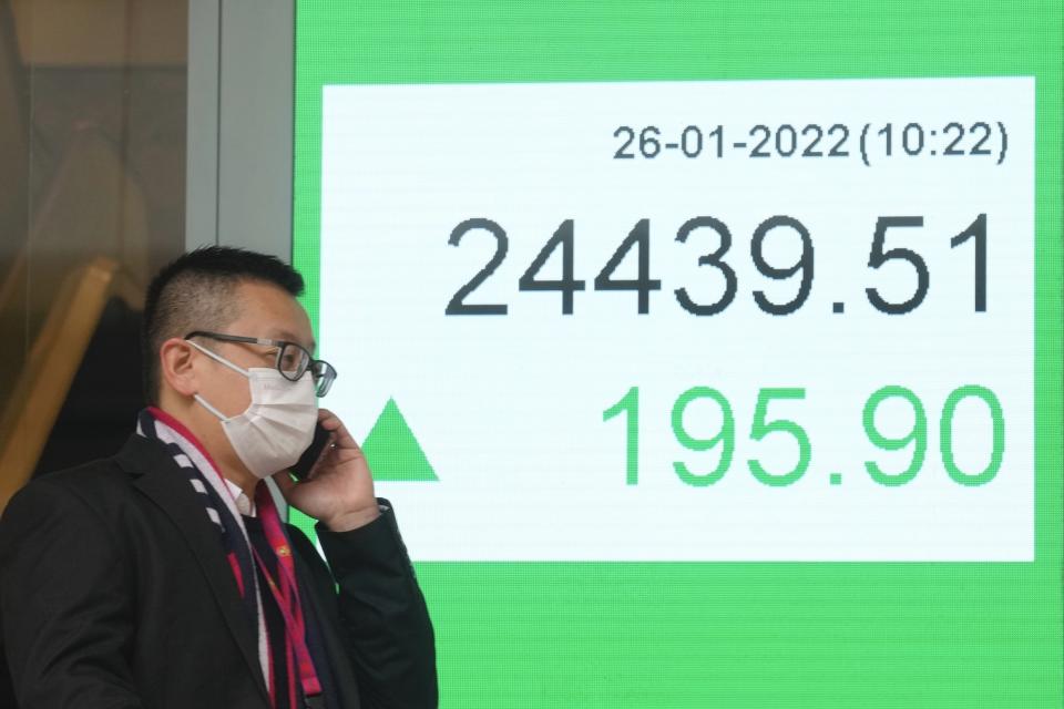 A man wearing a face mask walks past a bank's electronic board showing the Hong Kong share index in Hong Kong, Wednesday, Jan. 26, 2022. Asian shares were mixed in muted trading Wednesday as many stayed on the sidelines ahead of a U.S. Federal Reserve meeting that will indicate how aggressive it will be in fighting inflation. (AP Photo/Kin Cheung)