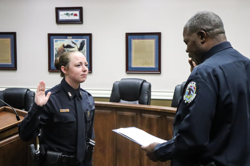 Officer Maegan Hall being sworn in by Chief Davis of the La Vergne Police Department in Tennessee on Aug. 19, 2021. (La Vergne Police Department)