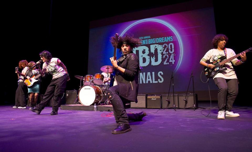 Young Talent Big Dreams 2024 Group Musical Instrument/Bands winner The Atomic Lollipops perform Bon Jovi’s “You Give Love a Bad Name” on the Actors’ Playhouse stage during the YTBD finals competition on May 11, 2024. The group features Atlas Alvarez, 18, Miami Southridge Senior High School; Nya Fabian, 16, Homestead Senior High School; Ray Garcia, 16, South Dade Senior High School; Natalia Gomez-Mieses, 16, Homestead Senior High School; Kevin Perez, 18, Homestead Senior High School; and Liz Ponce, 17, Dade Preparatory Academy.